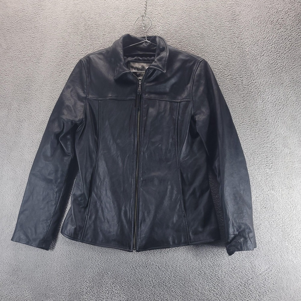 Wilsons Leather Jacket Womens M Black 100% Leather Full Zip Collared Moto Lined